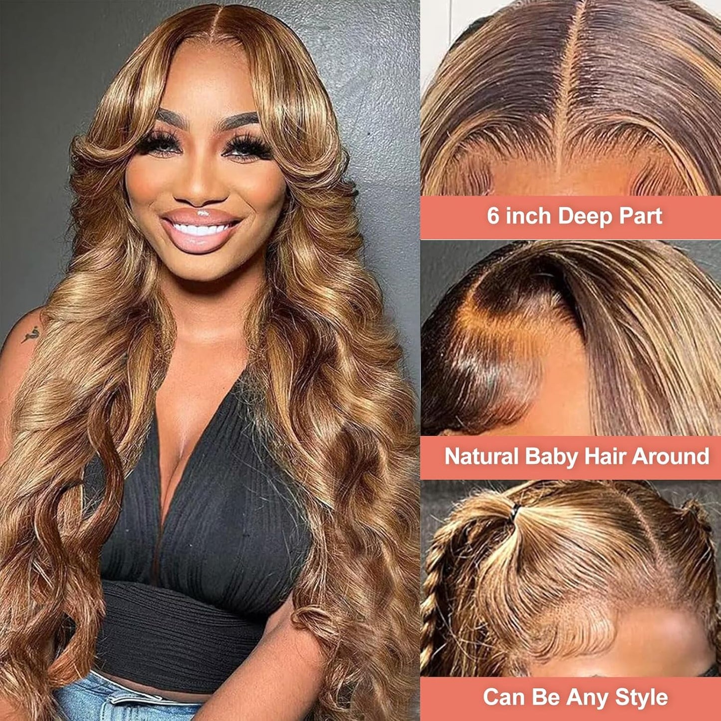 13X6 Lace Front Wigs Human Hair Highlight Ombre Lace Front Wig Human Hair Honey Blonde Colored Hd Body Wave Wig for Women Pre Plucked Glueless Lace Frontal Wigs 180 Density P4/27 26 Inch