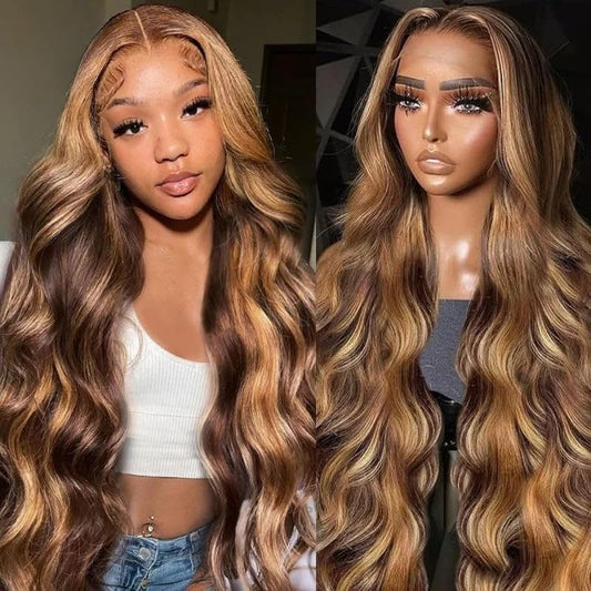 13X6 Lace Front Wigs Human Hair Highlight Ombre Lace Front Wig Human Hair Honey Blonde Colored Hd Body Wave Wig for Women Pre Plucked Glueless Lace Frontal Wigs 180 Density P4/27 26 Inch