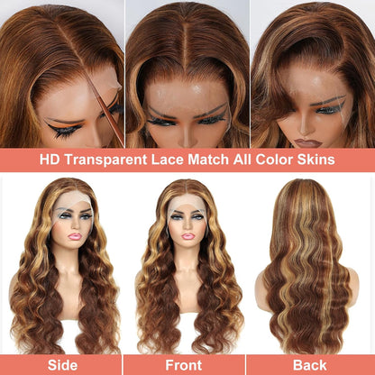 13X6 Lace Front Wigs Human Hair Highlight Ombre Lace Front Wig Human Hair Honey Blonde Colored Hd Body Wave Wig for Women Pre Plucked Glueless Lace Frontal Wigs 180 Density P4/27 26 Inch