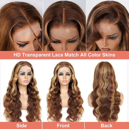 13X6 Lace Front Wigs Human Hair Highlight Ombre Lace Front Wig Human Hair Honey Blonde Colored Hd Body Wave Wig for Women Pre Plucked Glueless Lace Frontal Wigs 180 Density P4/27 26 Inch