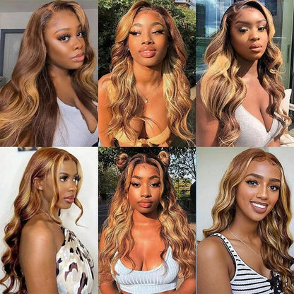 13X6 Lace Front Wigs Human Hair Highlight Ombre Lace Front Wig Human Hair Honey Blonde Colored Hd Body Wave Wig for Women Pre Plucked Glueless Lace Frontal Wigs 180 Density P4/27 26 Inch