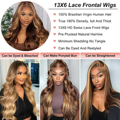 13X6 Lace Front Wigs Human Hair Highlight Ombre Lace Front Wig Human Hair Honey Blonde Colored Hd Body Wave Wig for Women Pre Plucked Glueless Lace Frontal Wigs 180 Density P4/27 26 Inch
