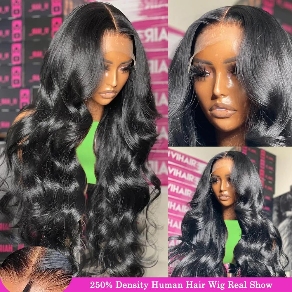 13X4 Body Wave Lace Front Wigs Human Hair 250% Density HD Transparent Frontal Wigs for Women Human Hair Wig Glueless Pre Plucked with Baby Hair 26 Inch Full and Thick 12A Brazilian Hair