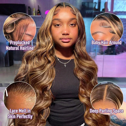 13X6 Lace Front Wigs Human Hair Highlight Ombre Lace Front Wig Human Hair Honey Blonde Colored Hd Body Wave Wig for Women Pre Plucked Glueless Lace Frontal Wigs 180 Density P4/27 26 Inch