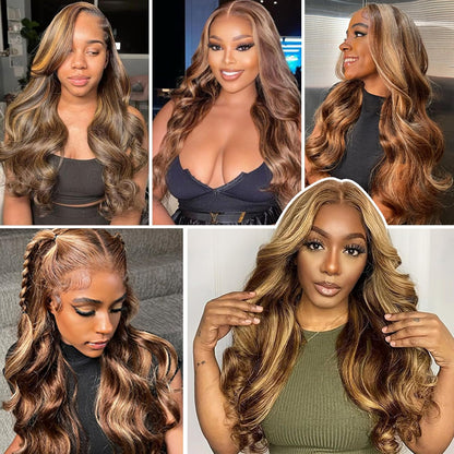 13X6 Lace Front Wigs Human Hair Highlight Ombre Lace Front Wig Human Hair Honey Blonde Colored Hd Body Wave Wig for Women Pre Plucked Glueless Lace Frontal Wigs 180 Density P4/27 26 Inch